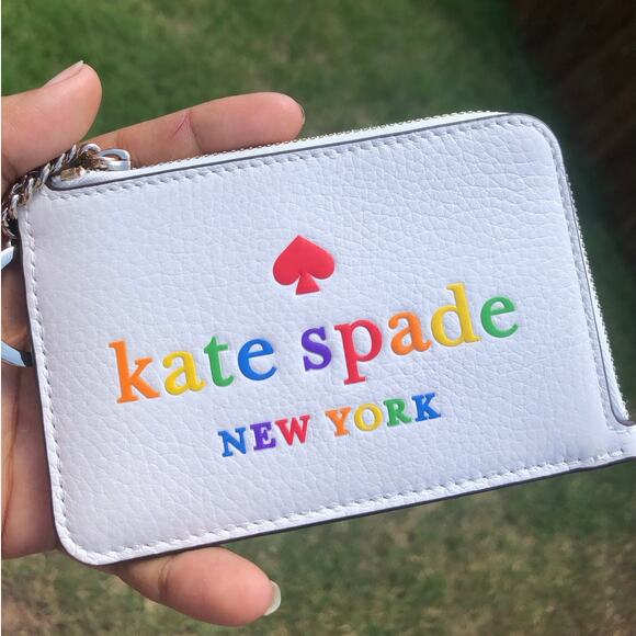 New Kate Spade Card Holder Keychain White Rainbow - Picture 1 of 3